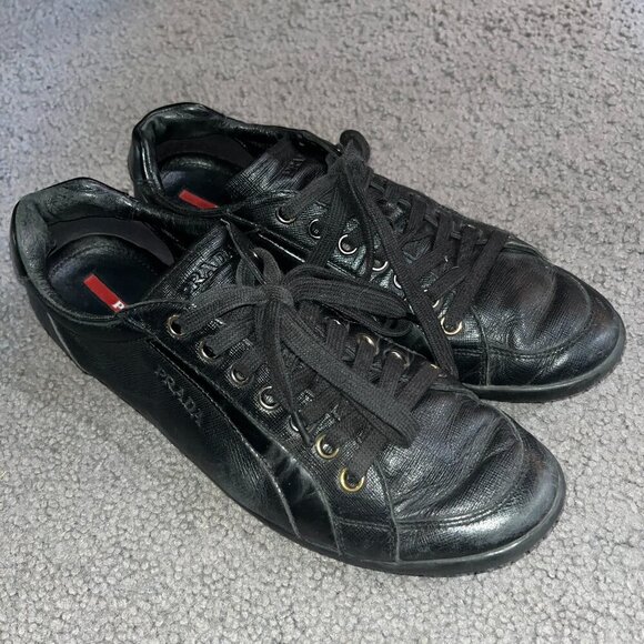 PRADA 4E1835 ALL LEATHER MEN'S BLACK VINTAGE SNEAKERS - UK 10 = US 11 - Picture 1 of 15
